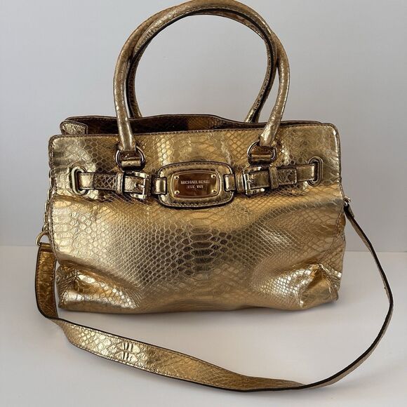 Metallic Gold Michael Kors Satchel Handbag Hamilton Bag Snakeskin